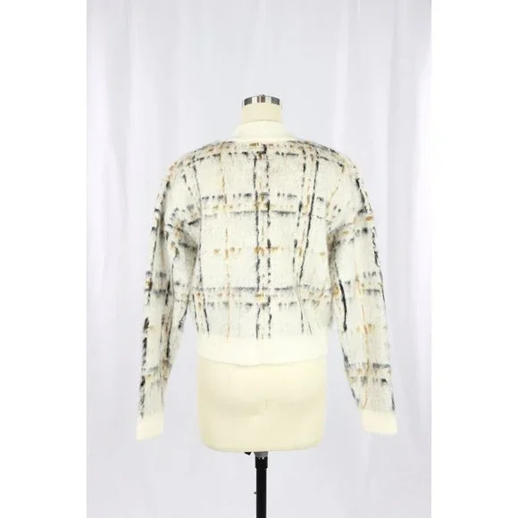 NWT CURRENT/ELLIOTT The Bets White Plaid Mohair Bomber Sweater Jacket, Size 0 - Picture 4 of 13
